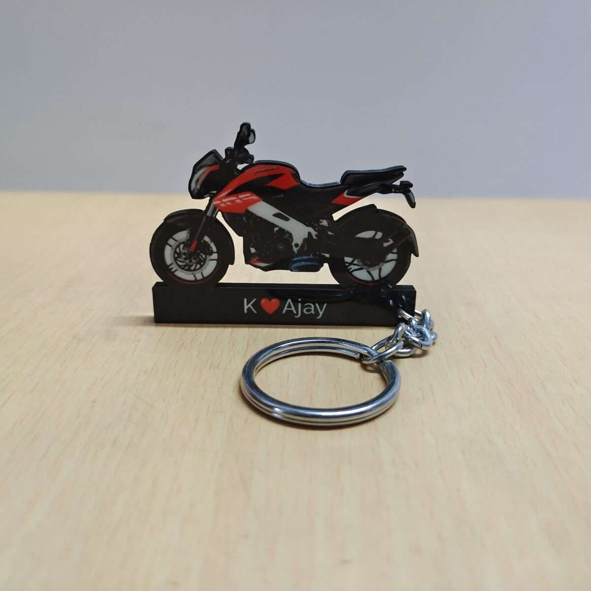 Customized Bajaj Pulsar NS200 Burnt Red Colorful Bike Shape Gel Number Plate Keychain (2)