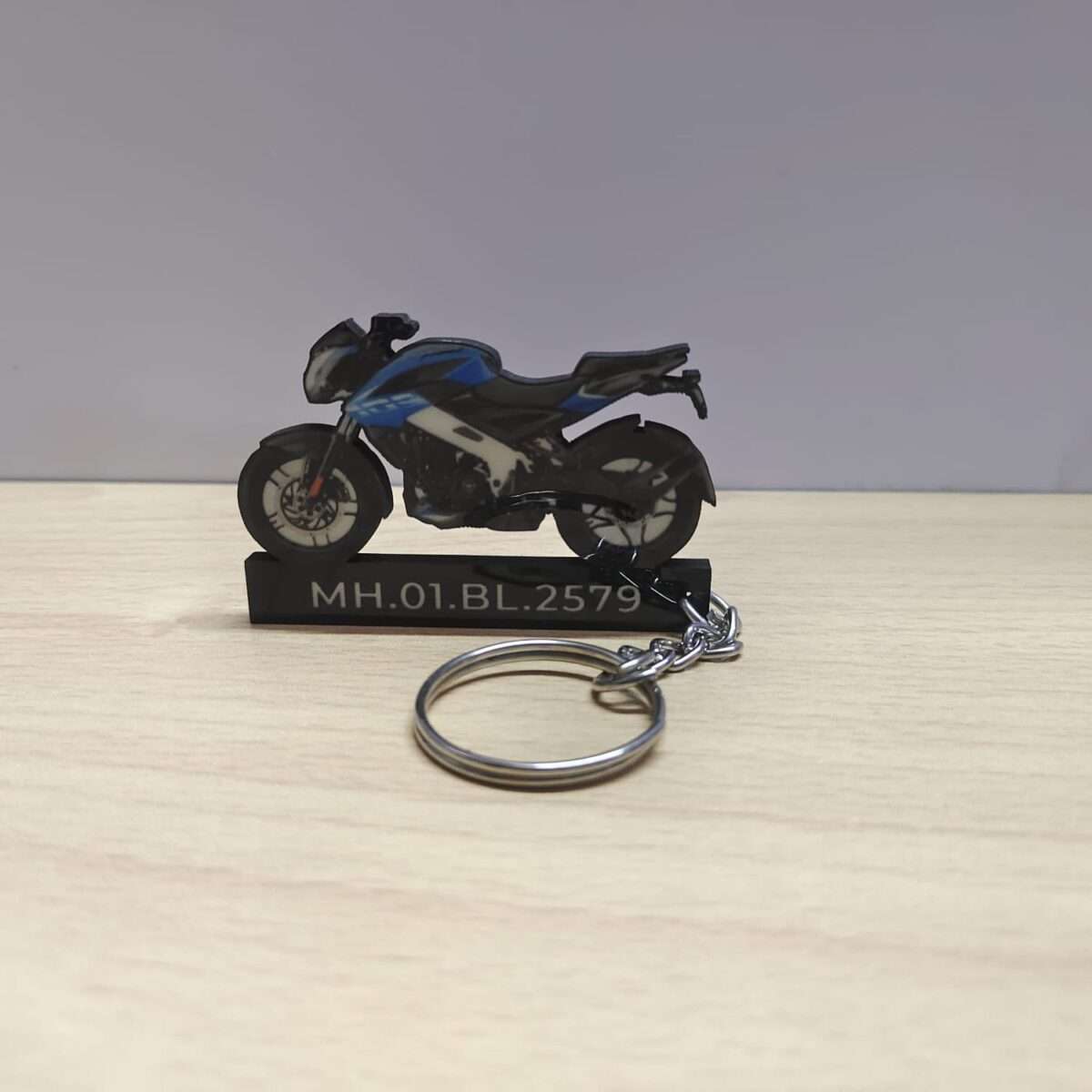 Customized Bajaj Pulsar NS200 Satin Blue Colorful Bike Shape Gel Number Plate Keychain (2)