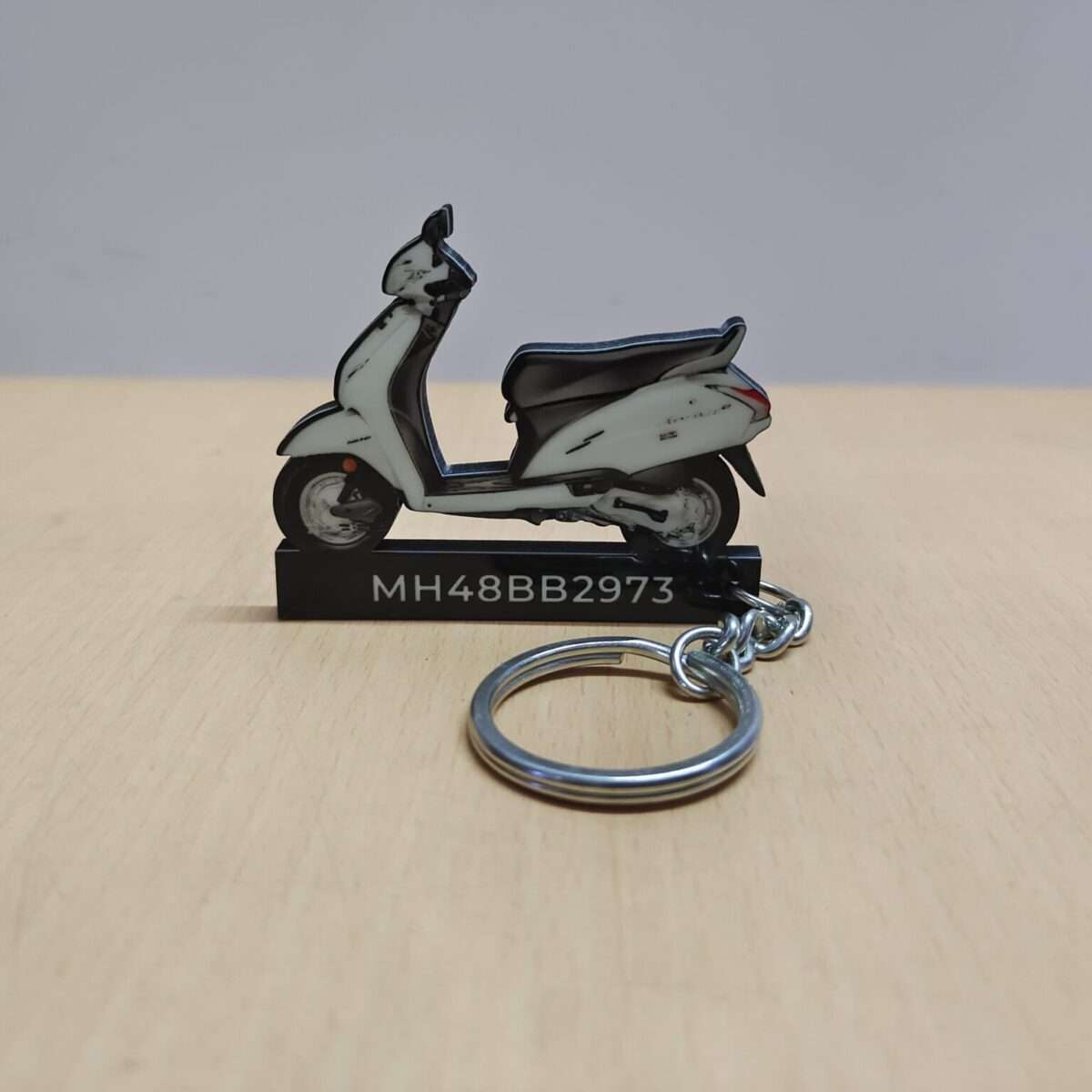 Customized Honda Activa 4G Pearl Amazing White Colorful Scooter Shape Gel Number Plate Keychain (2)