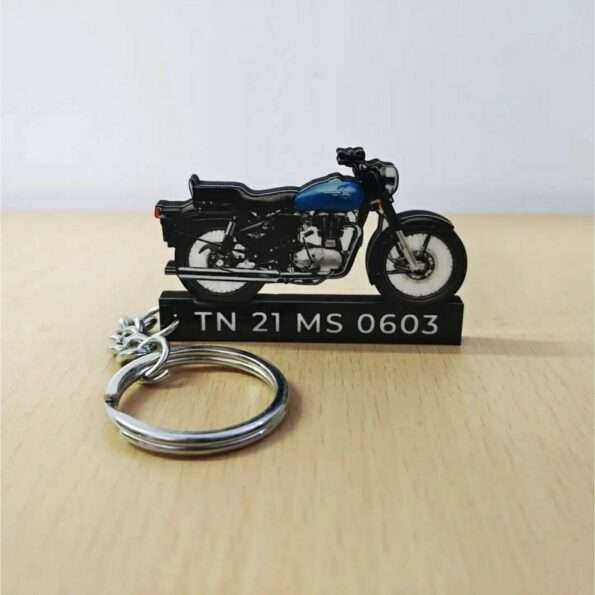 Customized Royal Enfield Bullet 350 Royal Blue Colorful Bike Shape Gel Number Plate Keychain