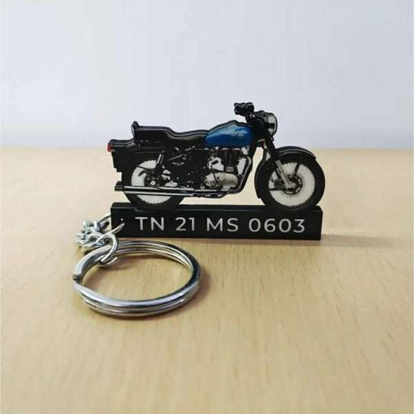 Customized Royal Enfield Bullet 350 Royal Blue Colorful Bike Shape Gel Number Plate Keychain