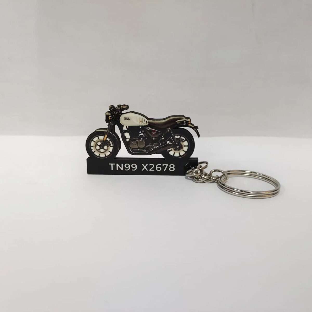 Customized Royal Enfield Hunter 350 Dapper White Colorful Bike Shape Gel Number Plate Keychain