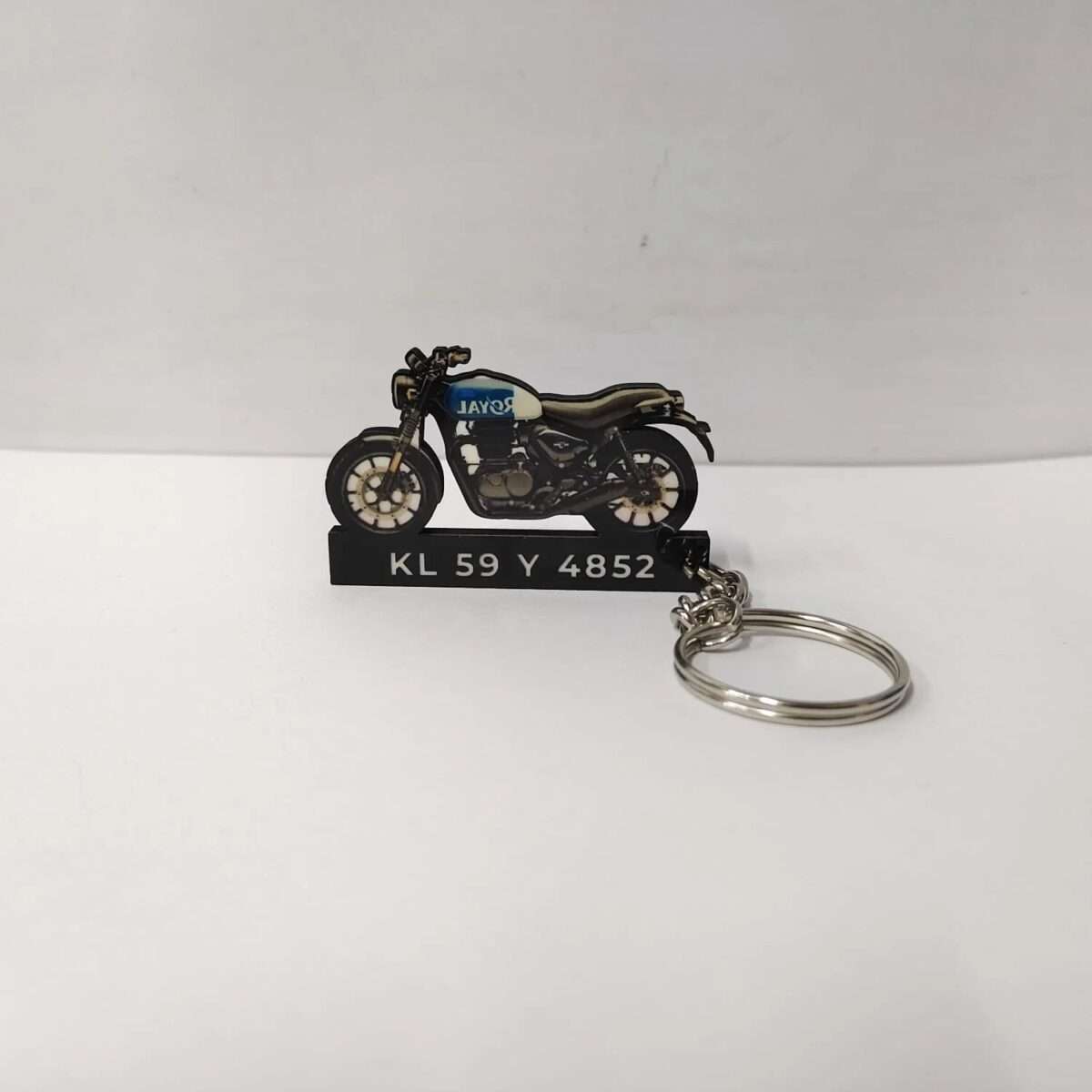 Customized Royal Enfield Hunter 350 Rebel Blue Colorful Bike Shape Gel Number Plate Keychain (2)