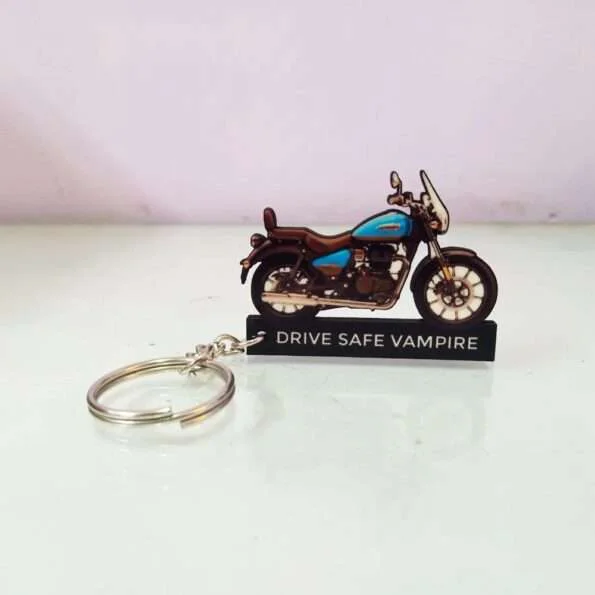 Customized Royal Enfield Meteor 350 Supernova Blue Colorful Bike Shape Gel Number Plate Keychain
