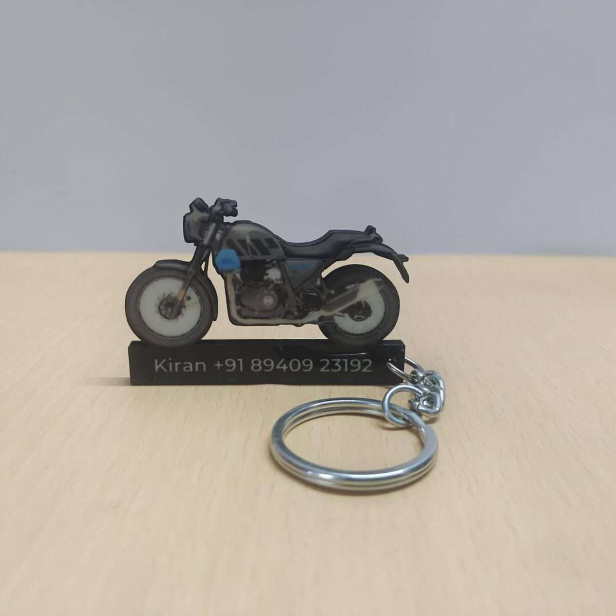 Customized Royal Enfield Scram 411 Graphite Blue Colorful Bike Shape Gel Number Plate Keychain (2)