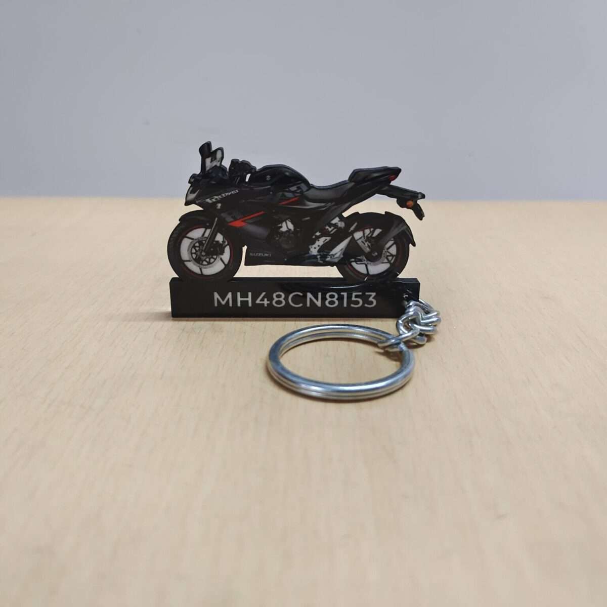 Customized Suzuki Gixxer SF Glass Sparkle Black Colorful Bike Shape Gel Number Plate Keychain (2)
