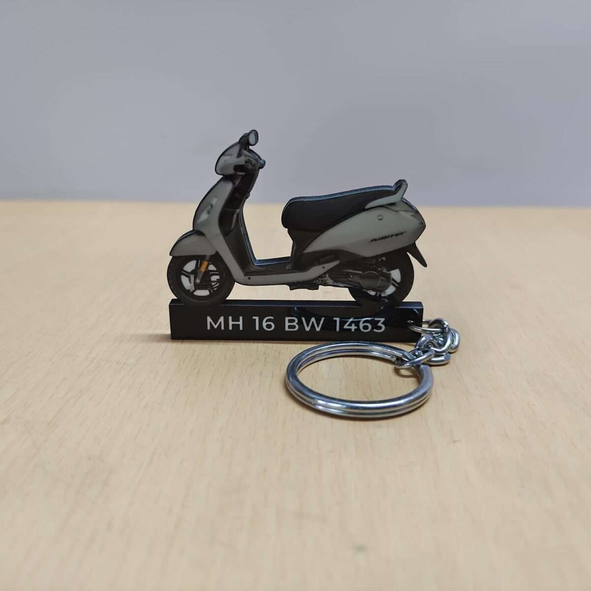 Customized TVS Jupiter Titanium Grey Colorful Scooter Shape Gel Number Plate Keychain (2)