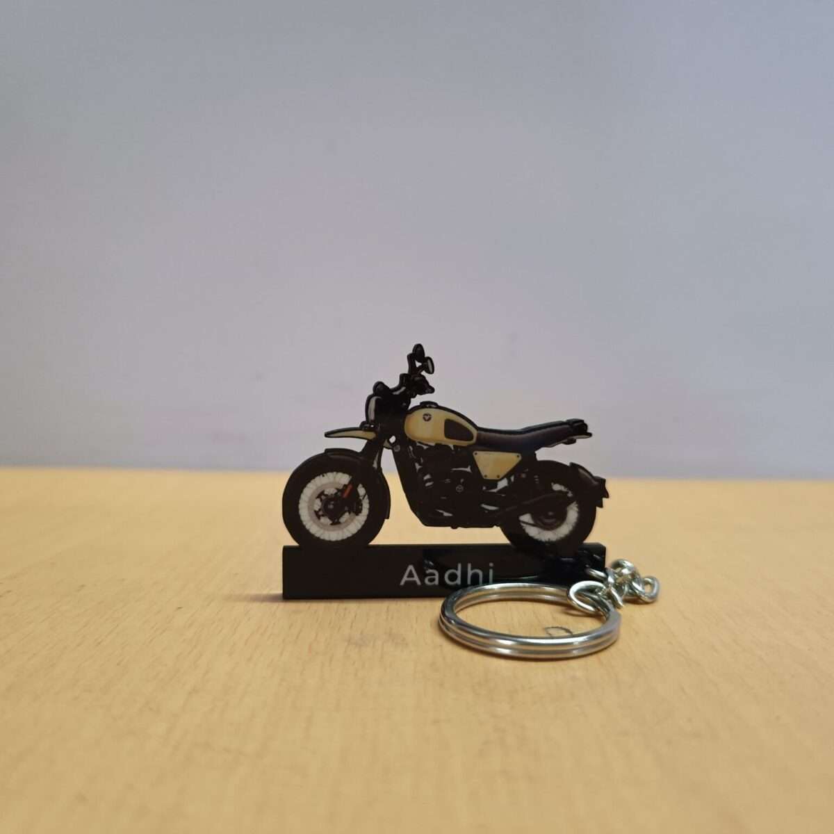 Customized Yezdi Scrambler Outlaw Olive Colorful Bike Shape Gel Number Plate Keychain (2)