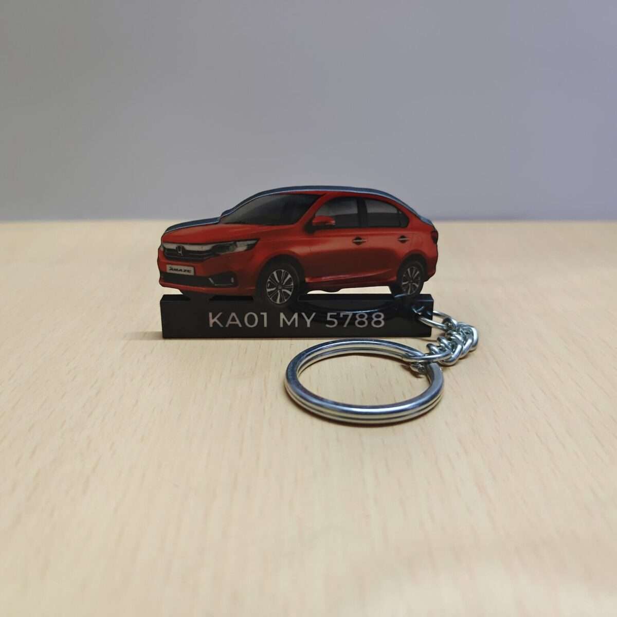Customized Honda Amaze Radiant Red Metallic Colorful Car Shape Gel Number Plate Keychain
