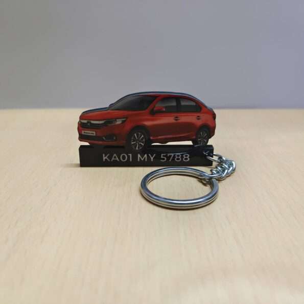 Customized Honda Amaze Radiant Red Metallic Colorful Car Shape Gel Number Plate Keychain