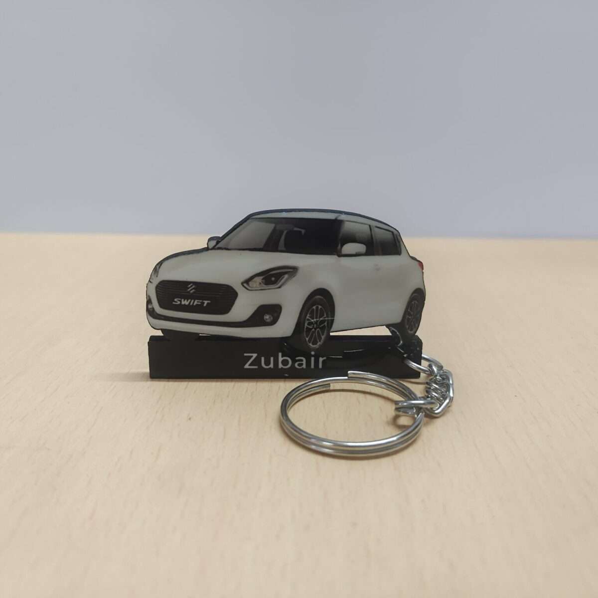 Customized Maruti Suzuki Swift Pearl Arctic White Colorful Car Shape Gel Number Plate Keychain (2)