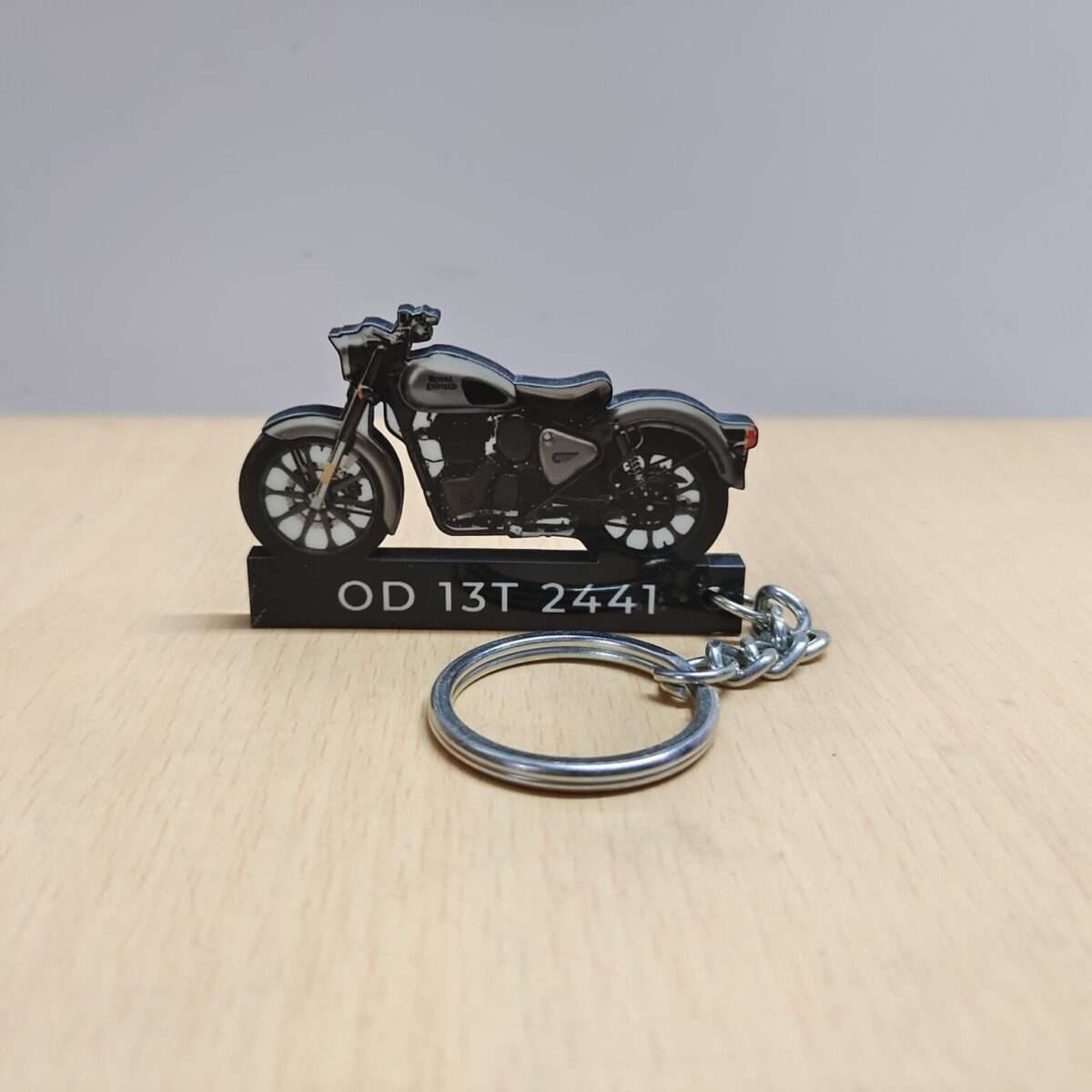 Customized Royal Enfield Classic Reborn 350 Gunmetal Grey Colorful Bike Shape Gel Number Plate Keychain (2)