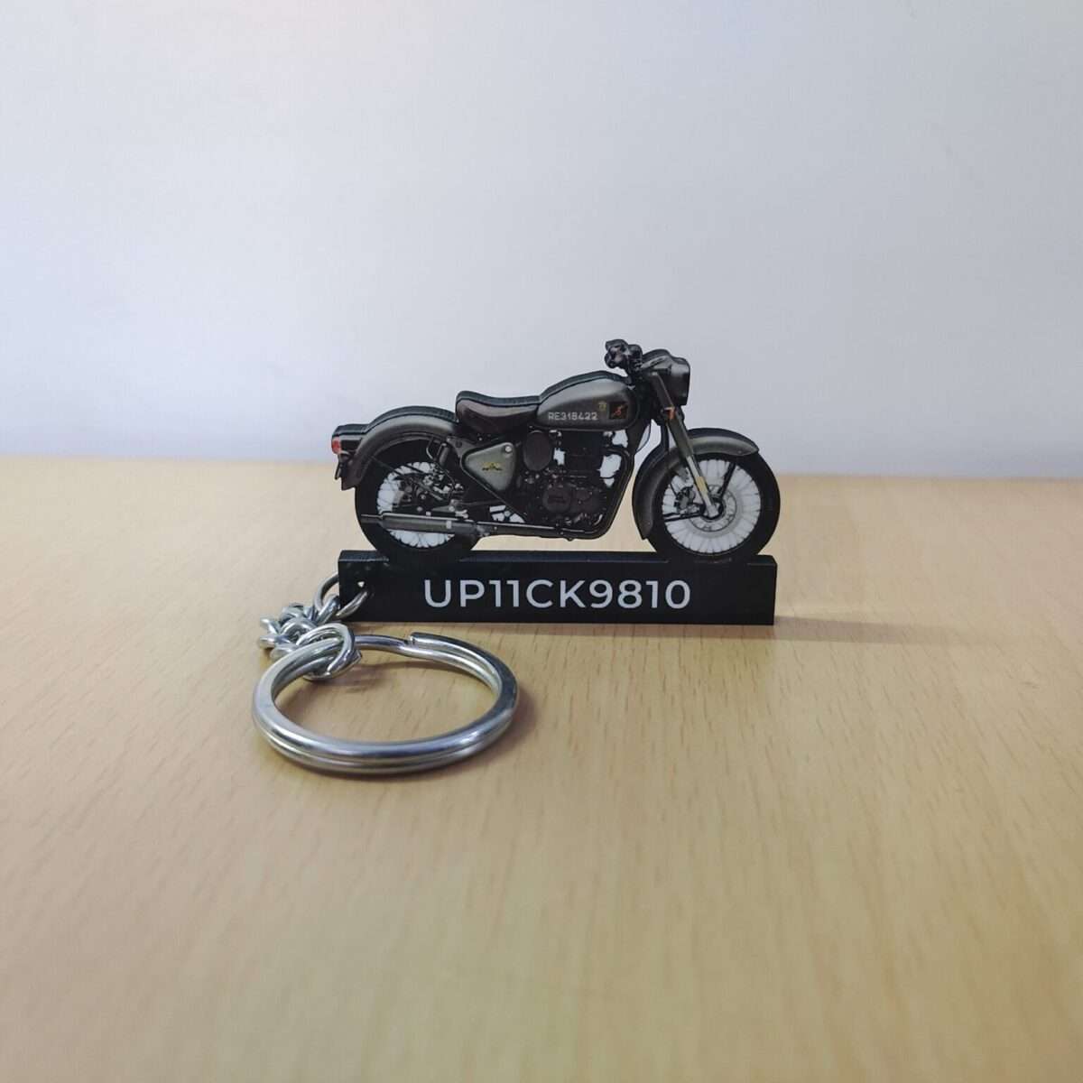 Customized Royal Enfield Classic Reborn 350 Single Marsh Grey Colorful Bike Shape Gel Number Plate Keychain