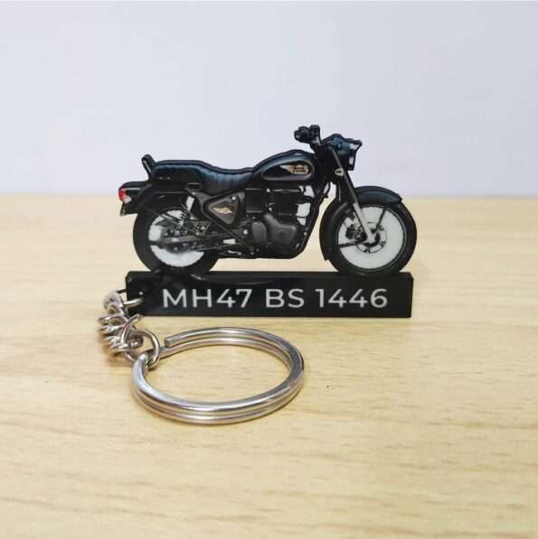 Customized Royal Enfield Bullet 350 Black Gold Colorful Bike Shape Gel Number Plate Keychain