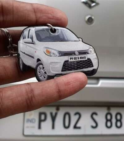 Customized Maruti Suzuki Alto 800 Solid White Colorful Car Shape Gel Number Plate Keychain
