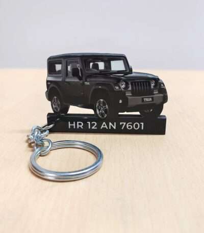 Premium Customized Mahindra Thar Deep Grey Colorful Car Shape Gel Number Plate Keychain