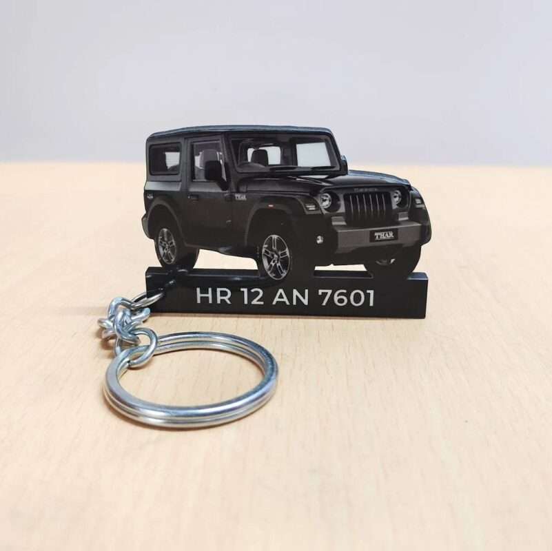 Premium Customized Mahindra Thar Deep Grey Colorful Car Shape Gel Number Plate Keychain