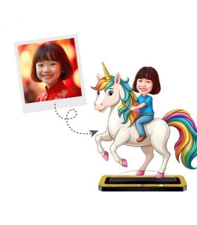 Personalized Mini Me Riding Unicorn With Girl Caricature