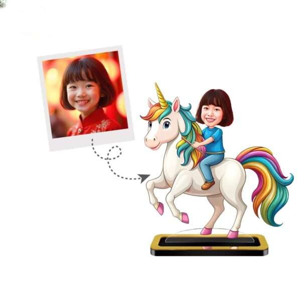Personalized Mini Me Riding Unicorn With Girl Caricature